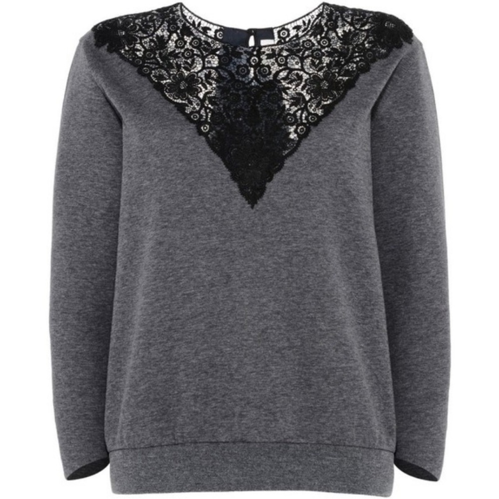 Stella McCartney Lace Trim Sweatshirt Gray Black Lace Yoke, Size 44 (Large)